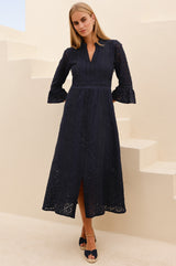Thea Cotton Blend Lace Dress | Navy - Aspiga