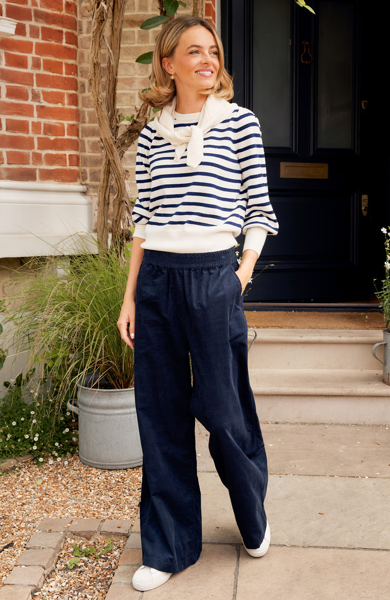 Merino Wool Striped Crew Neck Jumper | Cream/Navy