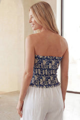 Shirred Bandeau Top | Navy/White