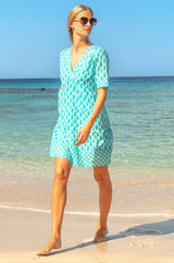 Santorini Cotton Kaftan | White/Turquoise