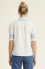 Embroidered Smocked Short Sleeve Blouse | White/Cornflower