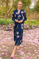 RHS Printed V Neck Chiffon Dress | Navy