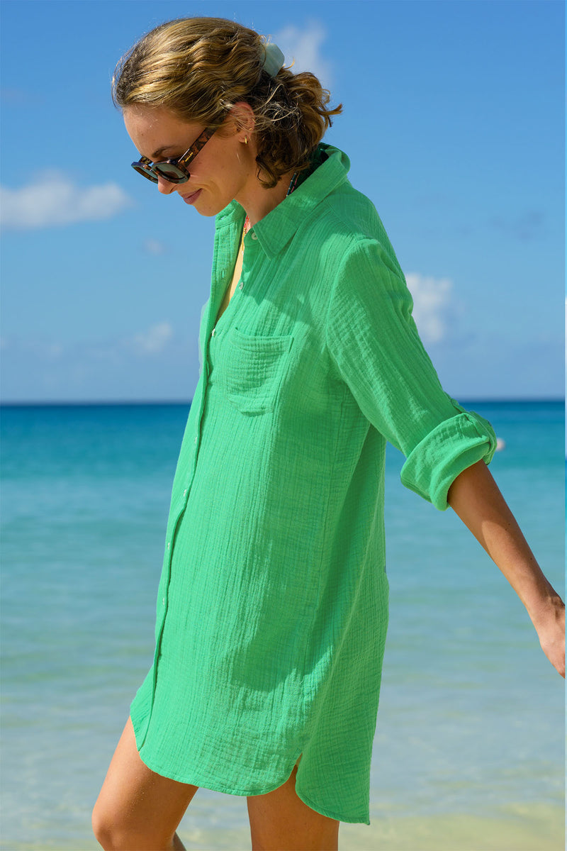 Saffron Organic Cotton Cheesecloth Beach Shirt | Green