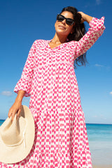 APPROVED * Hayden Organic Cotton Dress | Ikat white/Pink - Aspiga
