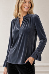 Astrid Velvet V-Neck Top | Grey/Blue