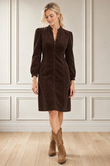 Stretch Corduroy Zip Front Short Dress | Chocolate