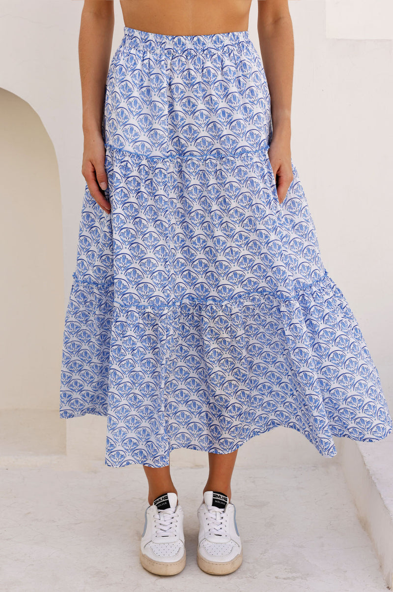 Bea Printed Organic Cotton Skirt | Clover Arches White/Blue