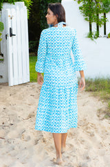 Hayden Organic Cotton Block Print Dress | Ikat white/turquoise