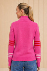 Merino Wool Stripe Hearts Quarter Zip | Pink/Red