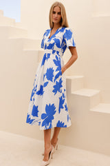 Elsa Printed Cotton Dress | Ivory/Cobalt