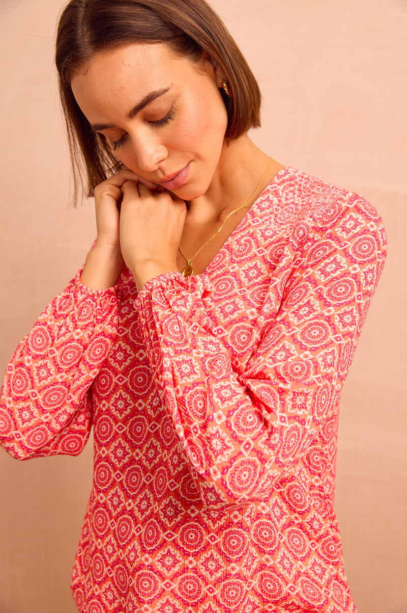 Clea Blouse | Flower Tile Orange/Pink