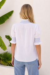 Embroidered Smocked Short Sleeve Blouse | White/Cornflower