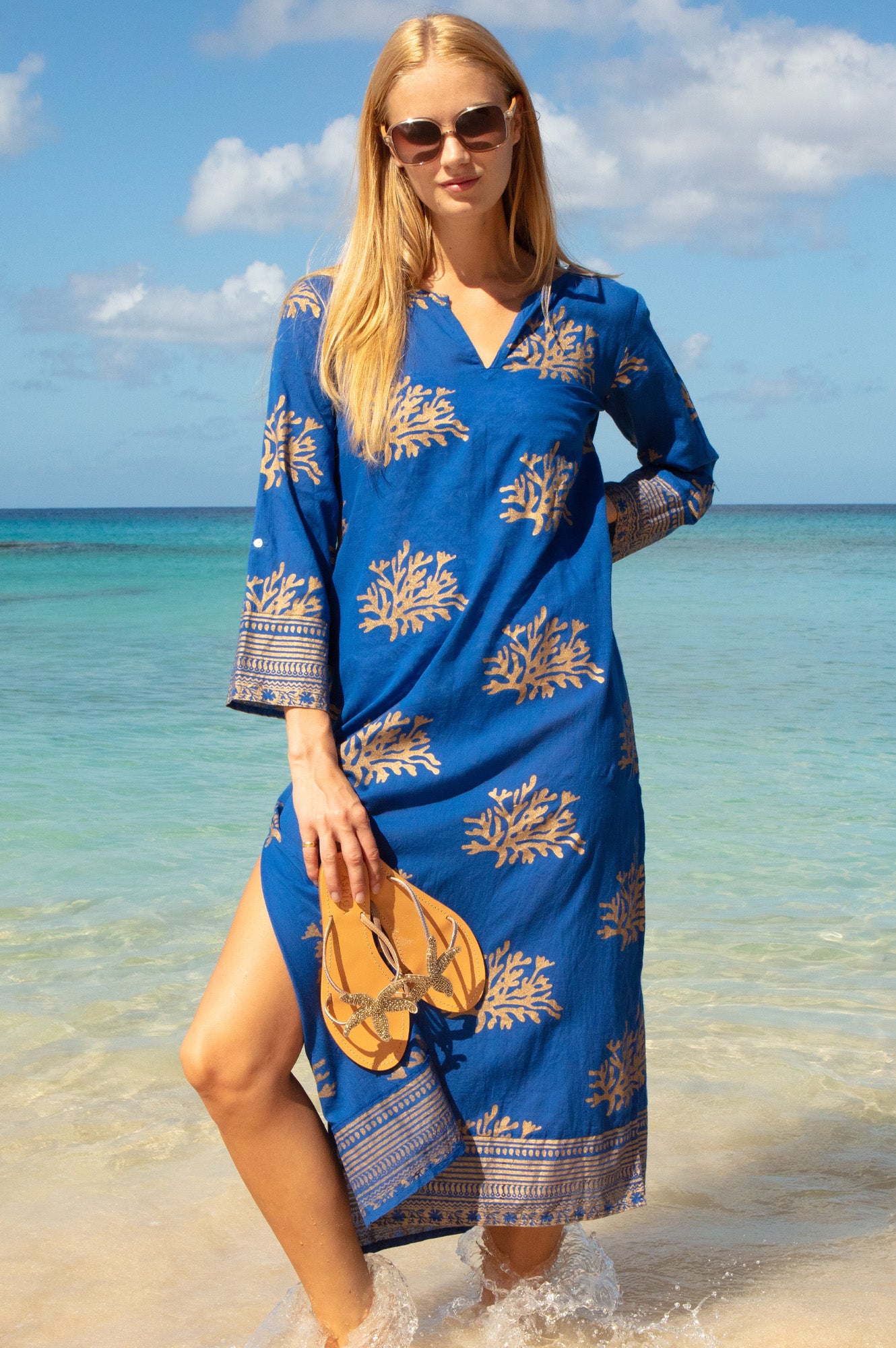 Guadalupe Maxi Organic Cotton Tunic | Cobalt/Gold - Aspiga