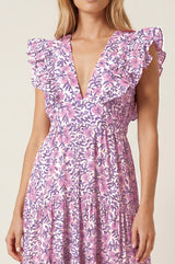 V Neck Rose Maxi Dress | White/Green/Pink