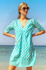 Santorini Cotton Kaftan | White/Turquoise