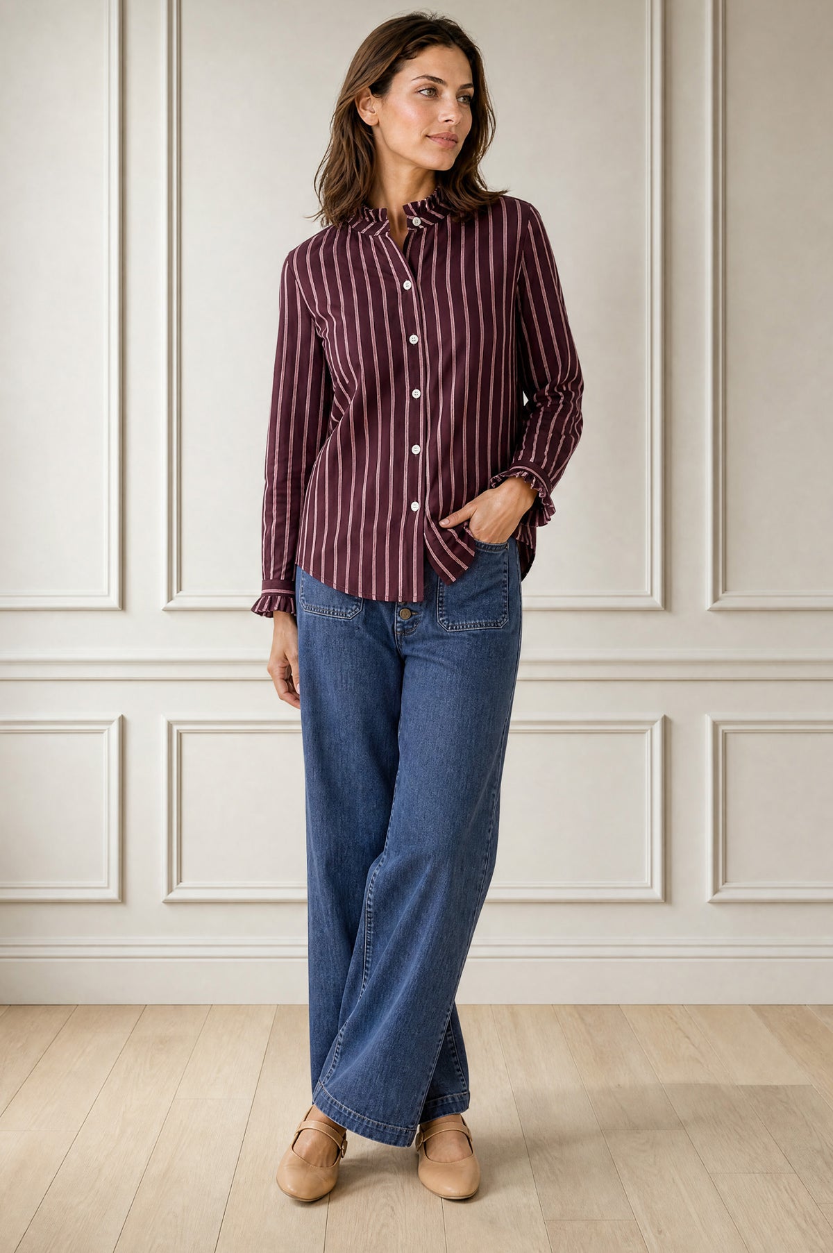 Aspiga Ladies Sustainable Frill Collar Stripe Blouse Purple/Pink