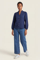 Notch Neck Cotton Poplin Blouse | Navy