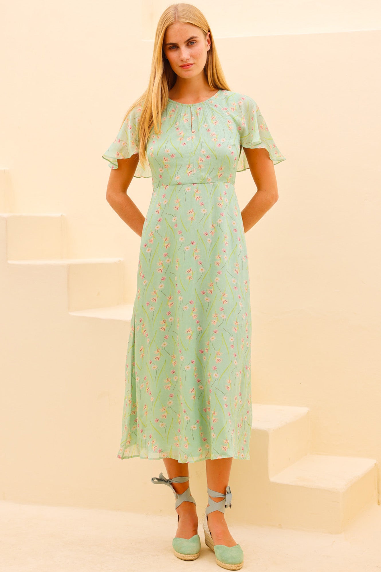 RHS Printed Cape Sleeved Dress | Sage - Aspiga