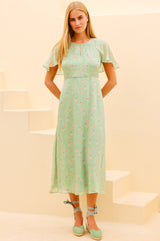 RHS Printed Cape Sleeved Dress | Sage - Aspiga