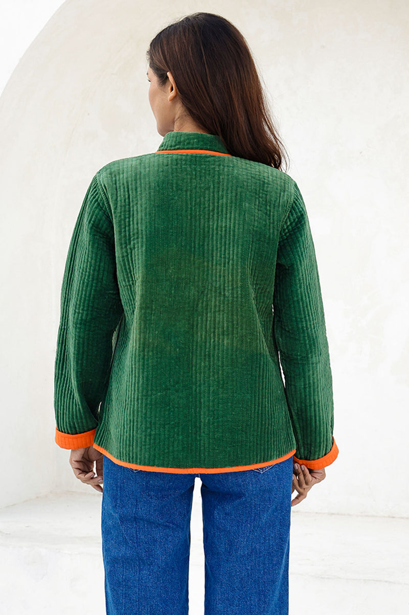 Velvet Quilted Jacket | Green/Orange