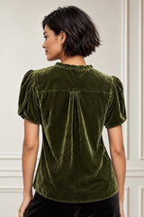 Tulip Sleeve Velvet Blouse | Dark Olive