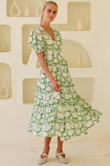 Surbhi Short Sleeve Dress | Ecru/Green - Aspiga