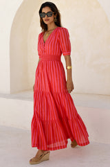 Billie Short Sleeve Organic Cotton Dress | Red/Pink - Aspiga