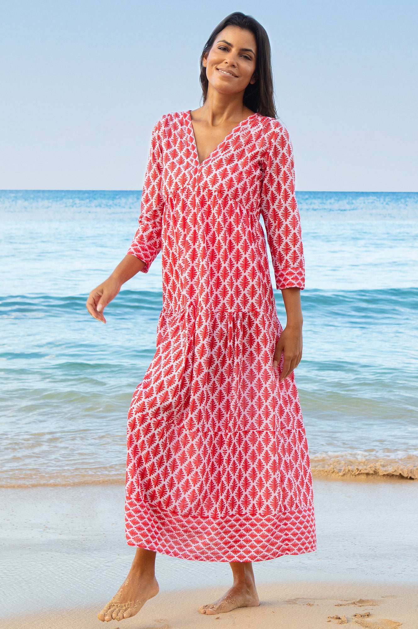 Mykonos Organic Cotton Maxi Dress | White/Red - Aspiga