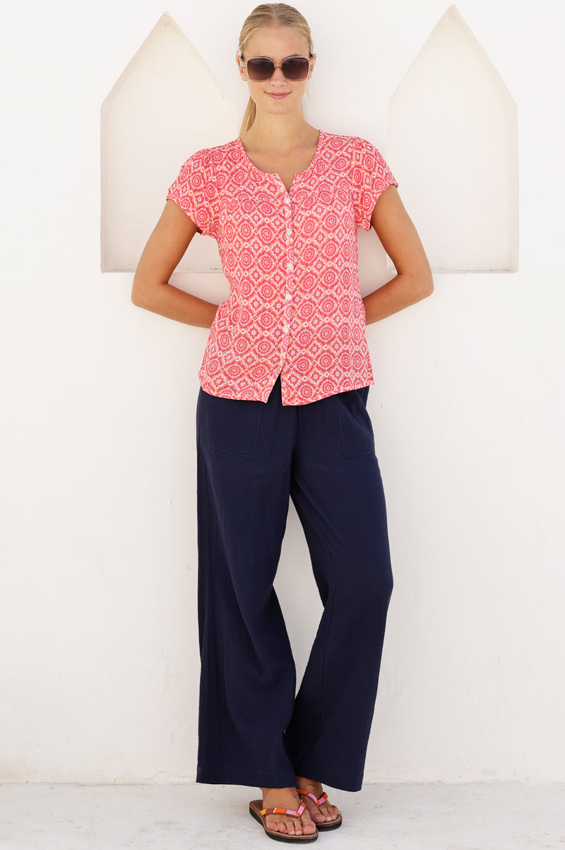 Lisbon Viscose Crinkle Blouse | Flower Tile Coral/Pink