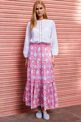 APPROVED Becks Organic Cotton Block Print Skirt | Sunflower Pink/Cobalt - Aspiga