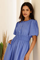 Chambray Puff Sleeve Shirt Dress | Blue