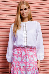 Cotton Dobby Lace Insert Blouse | White