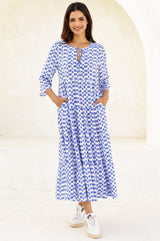 Emma EcoVero™ Midi Dress | Ikat Blue/White - Aspiga
