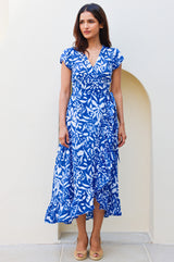 Demi Organic Cotton Wrap Dress | Cobalt/White