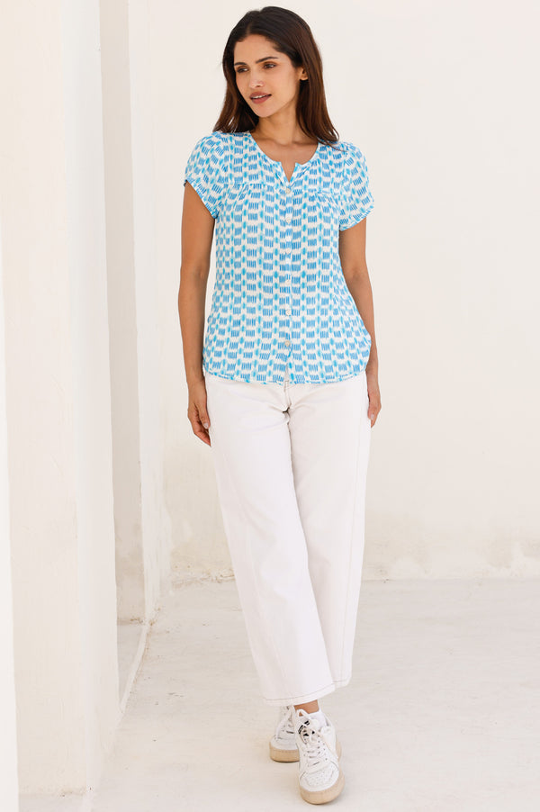 Lisbon Viscose Crinkle Blouse | Ikat White/Turquoise