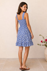 Rhianna Short Organic Cotton Dress | Oak Leaf Marina Blue