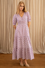 Billie Short Sleeve Organic Cotton Dress | Lily Flower White/Grey/Pink