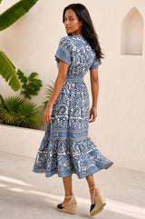 Pippa Organic Cotton Short Sleeve Block Print Dress | Blue/White