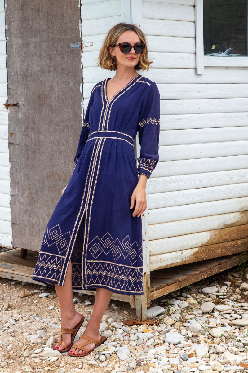 Jamila Embroidered Dress | Navy/Gold