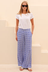 APPROVED * Orion Viscose Crinkle Trouser | White/Blue - Aspiga