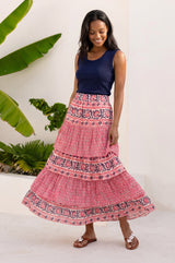 Tiered Block Print Midi Skirt | Pink/Navy