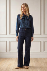 Tie Neck Satin Spot Jacquard Blouse | Navy