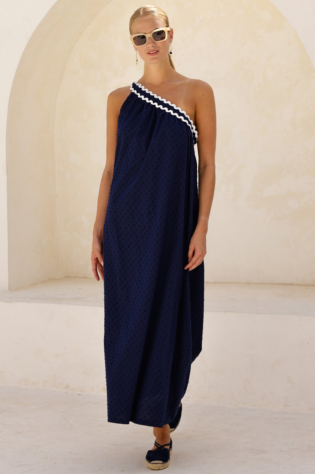 Aspiga Sustainable Womens One Shoulder Dobby Ric Rac Dress Summer