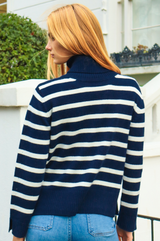Cashmere Blend Striped Roll Neck Jumper | Navy/Ivory