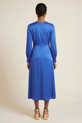 Sabine Long Sleeved Hammered Satin Dress | Blue