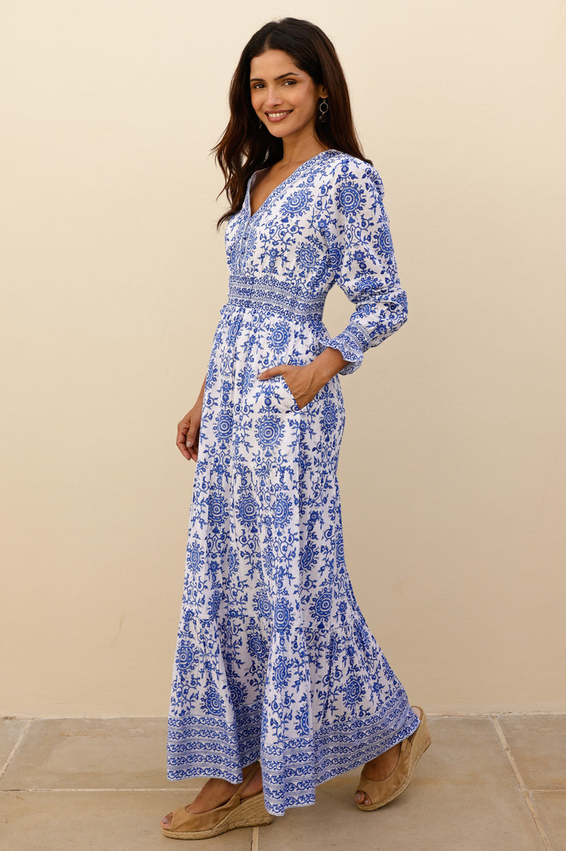 blue and pink dress women Navy and Pink Floral Wrap Maxi Dress with 3/4 Sleeves
