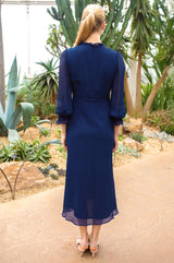 Plain V Neck Chiffon Dress | Navy