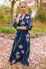 RHS Printed V Neck Chiffon Dress | Navy