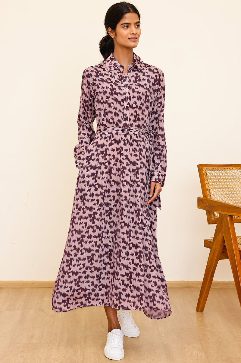 Minette Viscose Crepe Printed Shirt Dress | Animal Ikat Fig