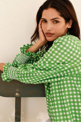Embroidered Smocked Blouse | Check Green/White